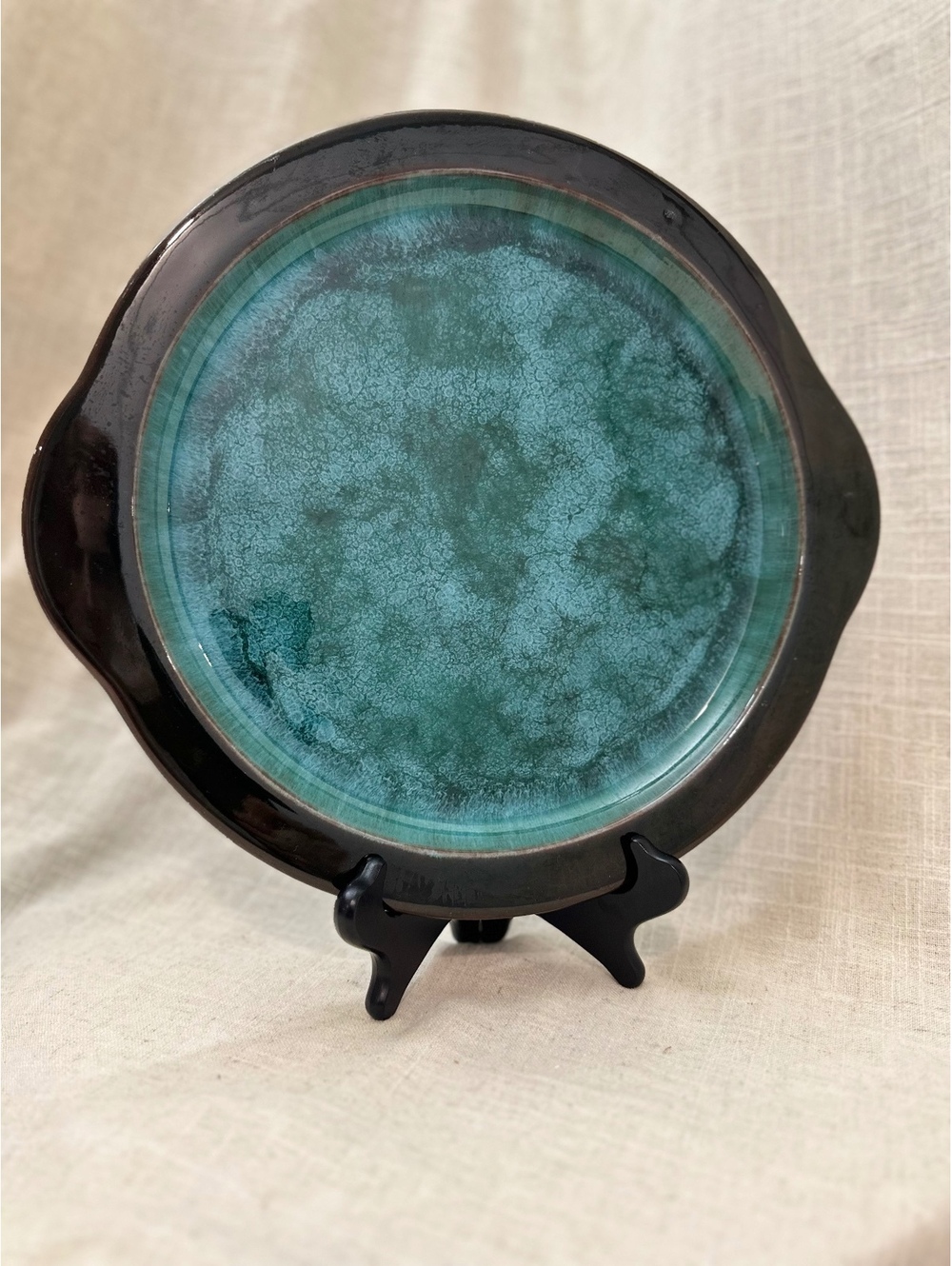 Vintage Blue Mountain Pottery 13" Large Handled Platter Canada Green Drip Glaze